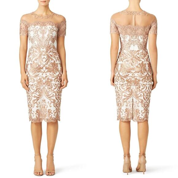Marchesa Notte Jaipur Dress Metallic Embroidered Illusion Sheath White Gold 10